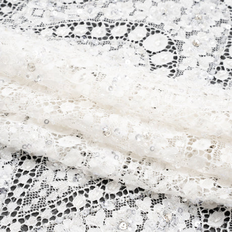 Bridal Lace with Beads, Sequins, and Finished Edge - Off White Floral Archways