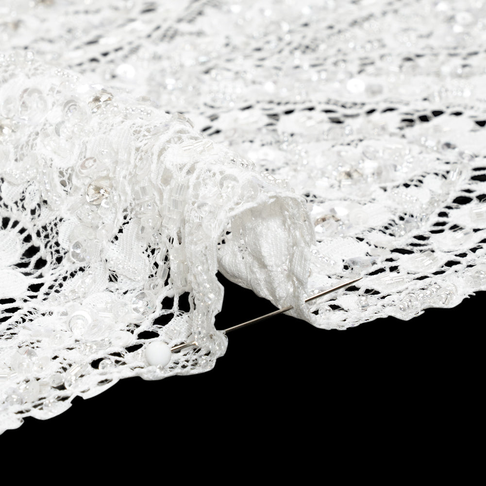 Bridal Lace with Beads, Sequins, and Finished Edge - Off White Floral Archways