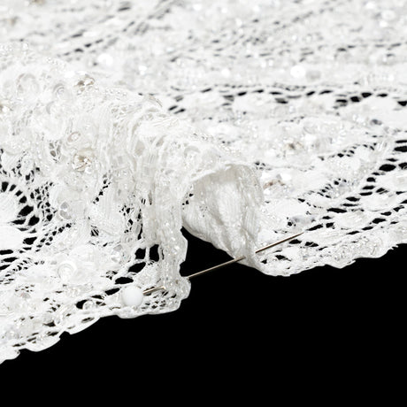 Bridal Lace with Beads, Sequins, and Finished Edge - Off White Floral Archways