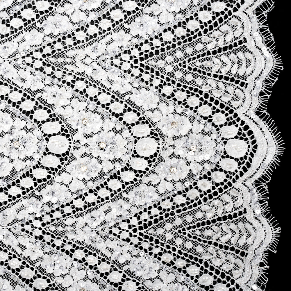 Bridal Lace with Beads, Sequins, and Finished Edge - Off White Floral Archways