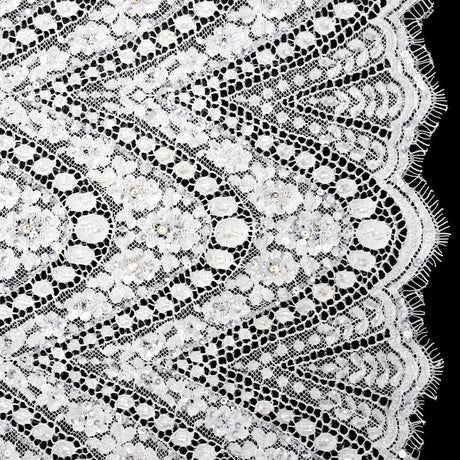 Bridal Lace with Beads, Sequins, and Finished Edge - Off White Floral Archways