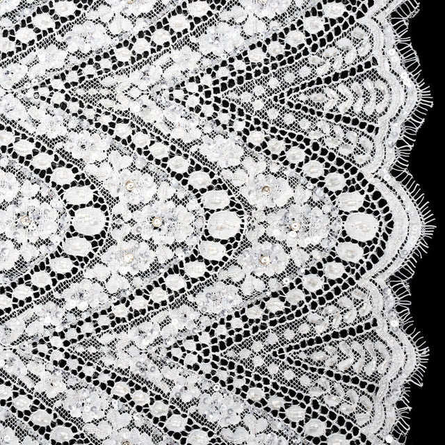 Bridal Lace with Beads, Sequins, and Finished Edge - Off White Floral Archways