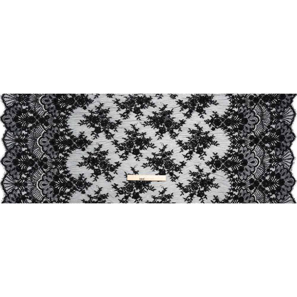 Beaded Lace with Sequin Studs and Finished Edges - Black Fantastical Florals