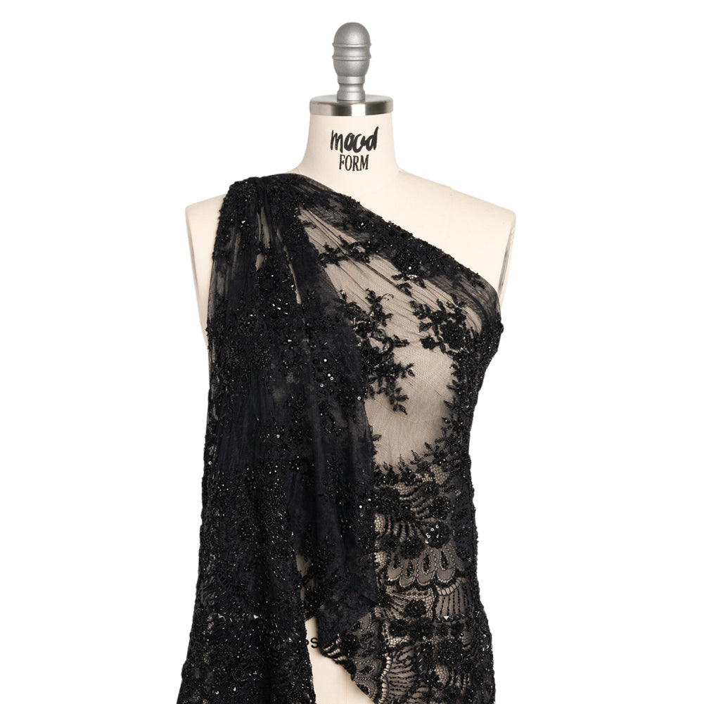 Beaded Lace with Sequin Studs and Finished Edges - Black Fantastical Florals