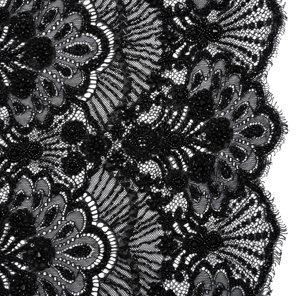 Beaded Lace with Sequin Studs and Finished Edges - Black Fantastical Florals