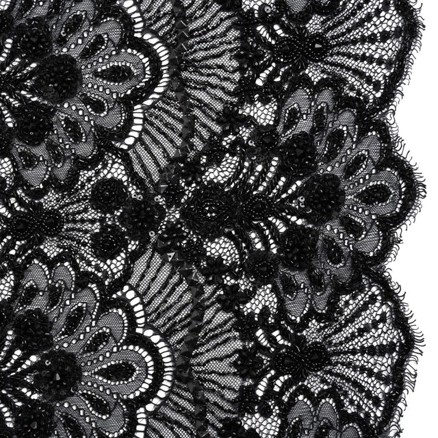 Beaded Lace with Sequin Studs and Finished Edges - Black Fantastical Florals