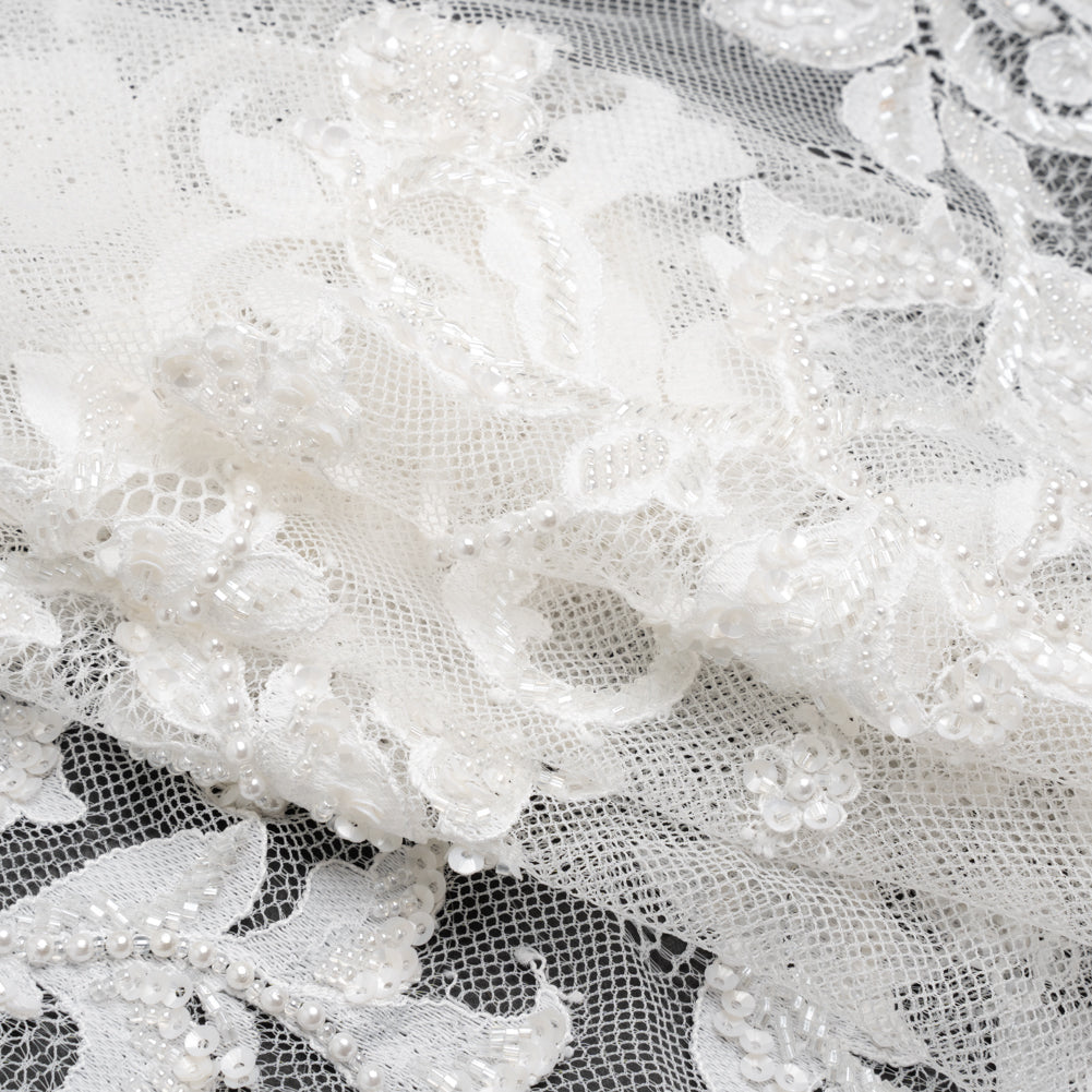 Chantilly Lace with Beads, Sequins, and Finished Edges - White and Ivory Flowering Vines