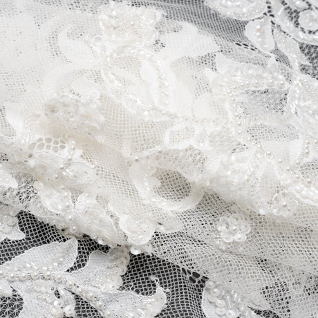 Chantilly Lace with Beads, Sequins, and Finished Edges - White and Ivory Flowering Vines