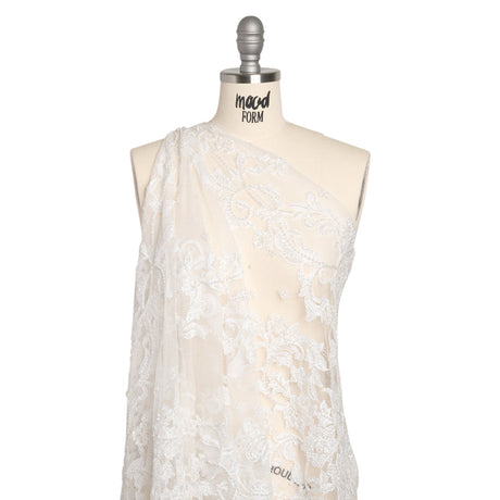 Chantilly Lace with Beads, Sequins, and Finished Edges - White and Ivory Flowering Vines