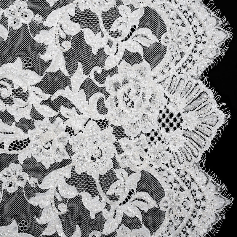 Chantilly Lace with Beads, Sequins, and Finished Edges - White and Ivory Flowering Vines