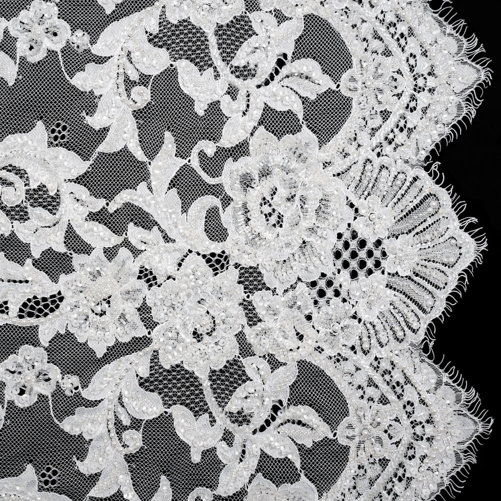 Chantilly Lace with Beads, Sequins, and Finished Edges - White and Ivory Flowering Vines