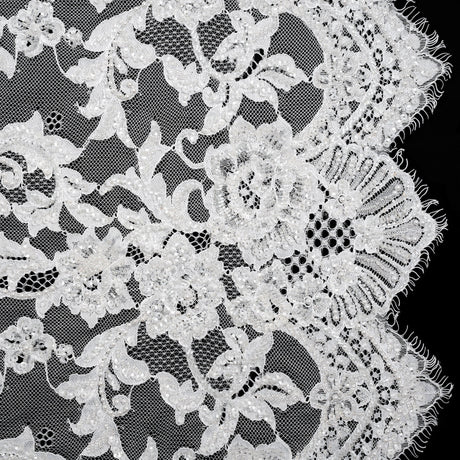 Chantilly Lace with Beads, Sequins, and Finished Edges - White and Ivory Flowering Vines