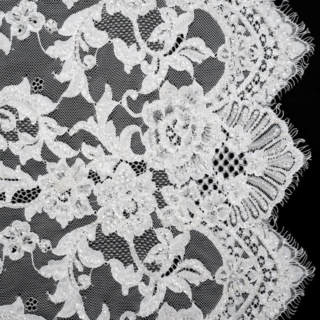Chantilly Lace with Beads, Sequins, and Finished Edges - White and Ivory Flowering Vines