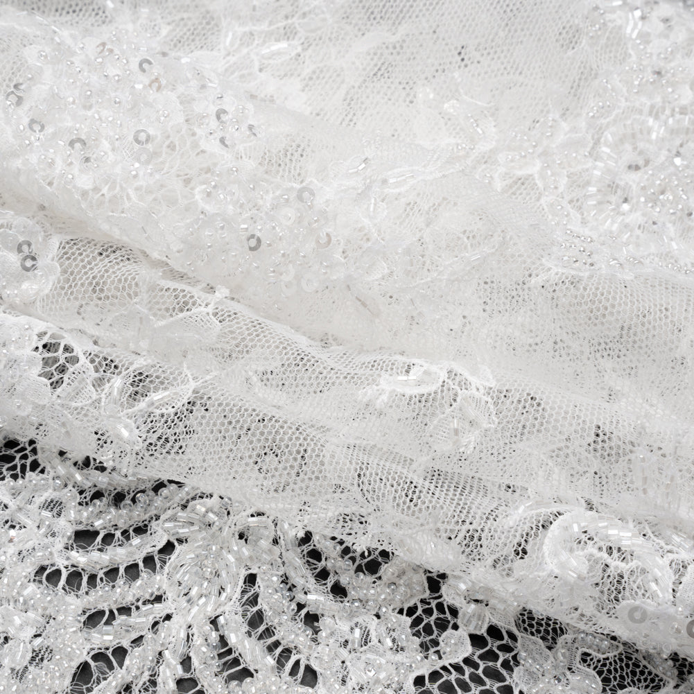 Chantilly Lace with Beads, Sequins, and Scalloped Finished Edges - White Floral