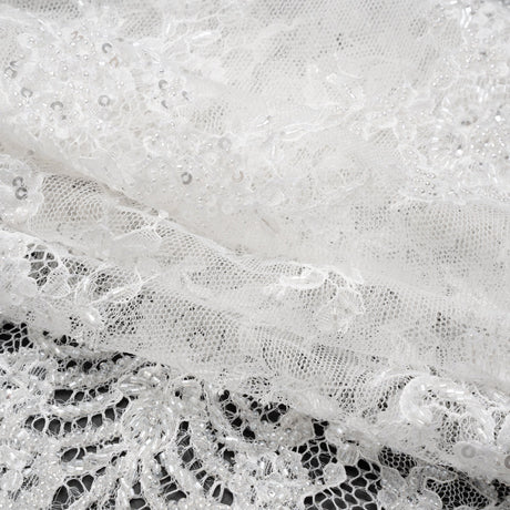 Chantilly Lace with Beads, Sequins, and Scalloped Finished Edges - White Floral