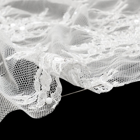 Chantilly Lace with Beads, Sequins, and Scalloped Finished Edges - White Floral