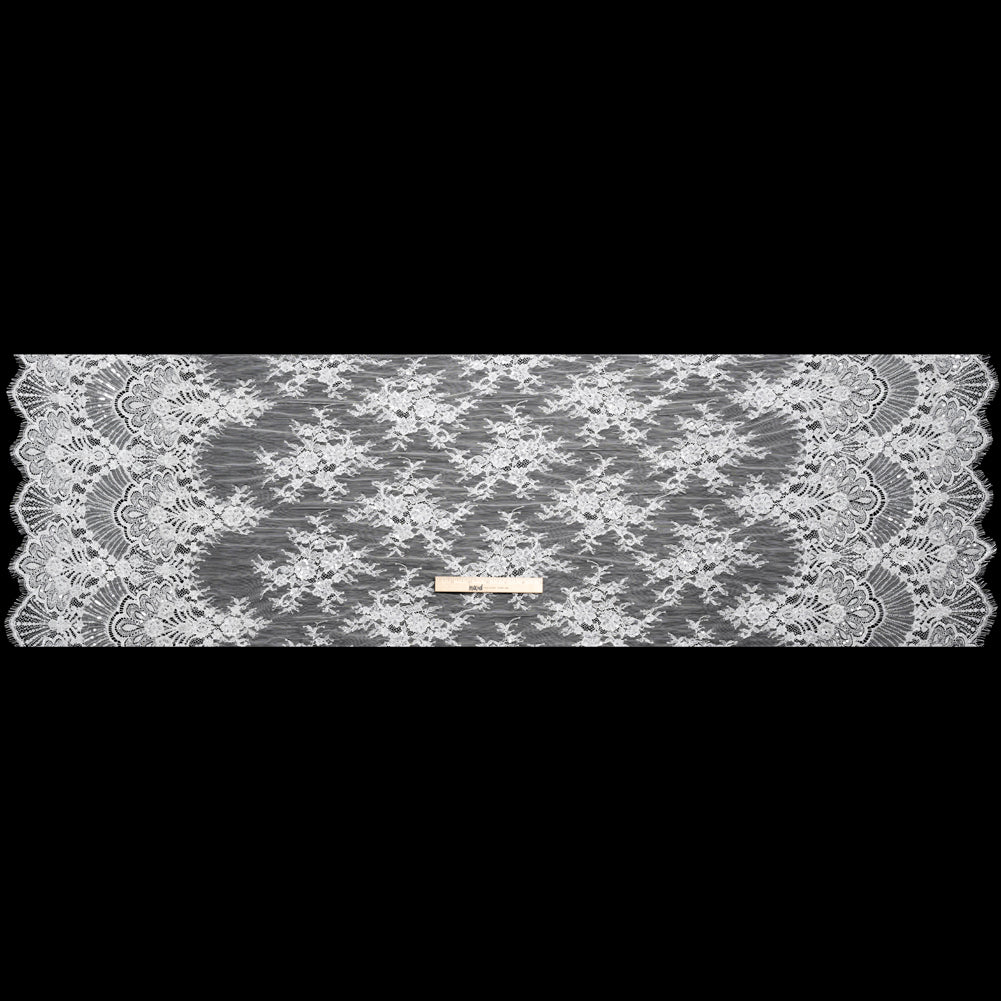 Chantilly Lace with Beads, Sequins, and Scalloped Finished Edges - White Floral