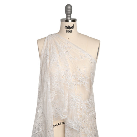 Chantilly Lace with Beads, Sequins, and Scalloped Finished Edges - White Floral