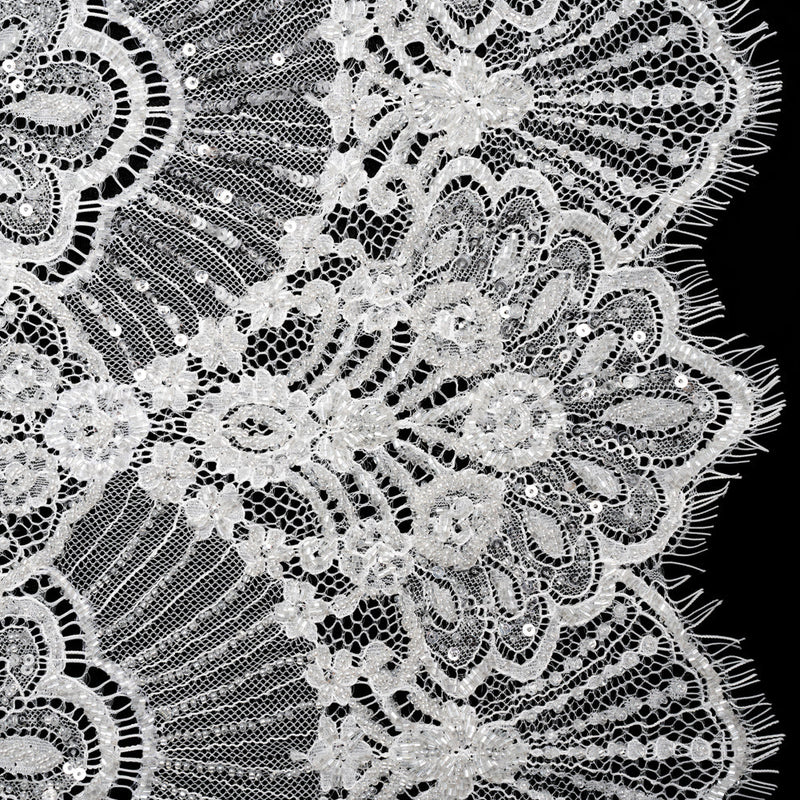 Chantilly Lace with Beads, Sequins, and Scalloped Finished Edges - White Floral
