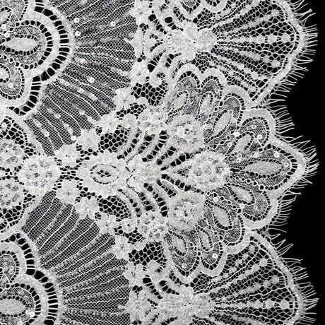 Chantilly Lace with Beads, Sequins, and Scalloped Finished Edges - White Floral