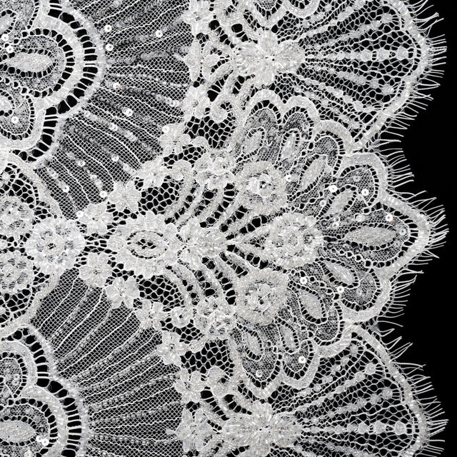 Chantilly Lace with Beads, Sequins, and Scalloped Finished Edges - White Floral