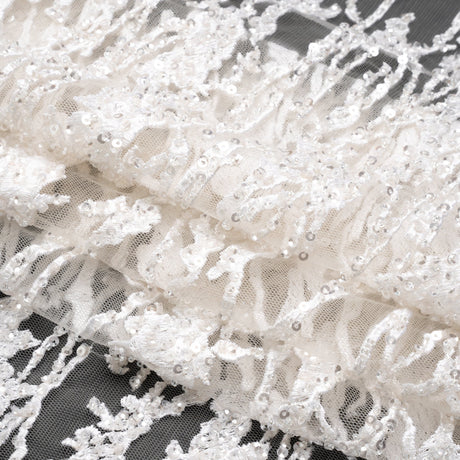 Embroidered Lace with Beads and Sequins - Off-White Abstract Lines