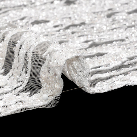 Embroidered Lace with Beads and Sequins - Off-White Abstract Lines
