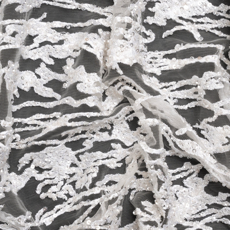 Embroidered Lace with Beads and Sequins - Off-White Abstract Lines