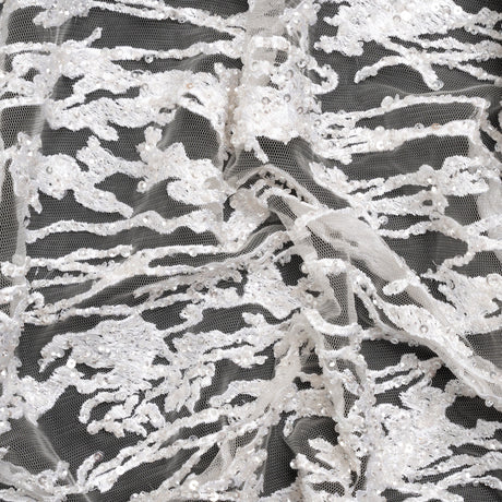 Embroidered Lace with Beads and Sequins - Off-White Abstract Lines