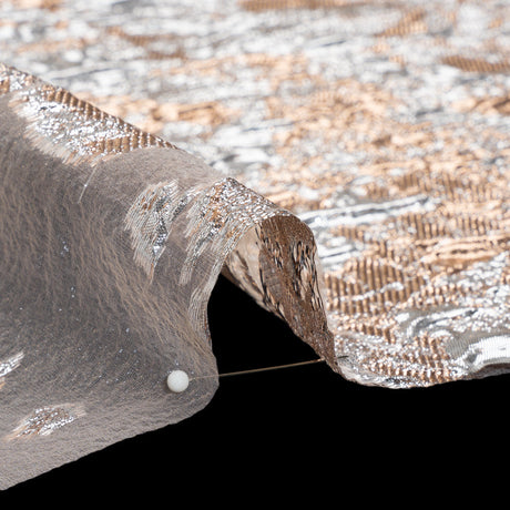 Metallic Burnout Luxury Brocade - Peach and Silver Abstract Crinkled Borders