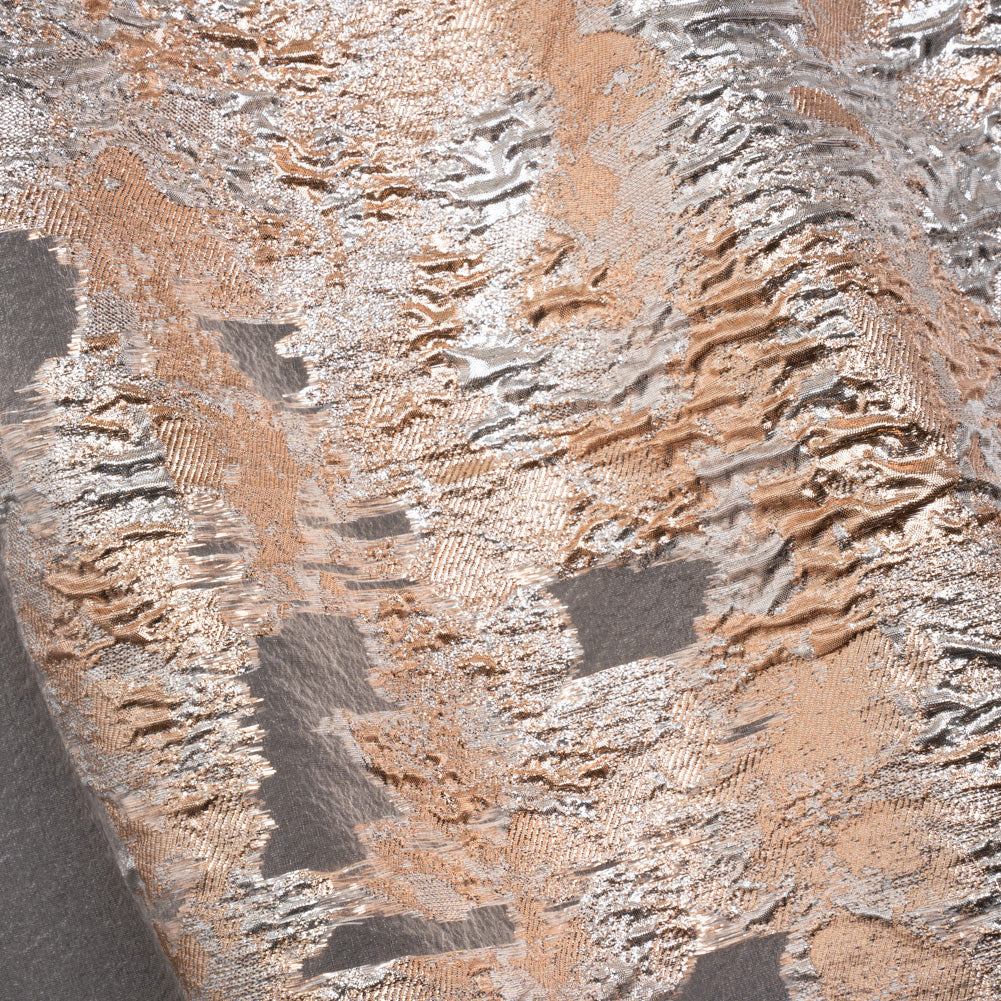 Metallic Burnout Luxury Brocade - Peach and Silver Abstract Crinkled Borders