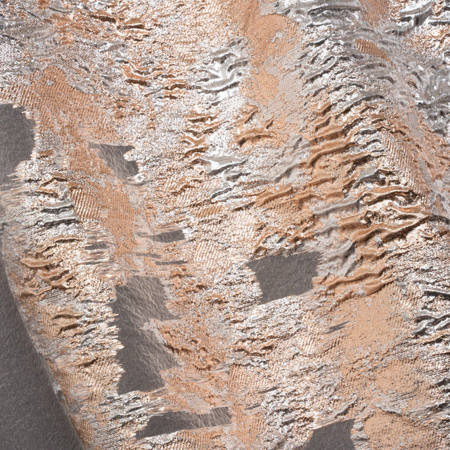 Metallic Burnout Luxury Brocade - Peach and Silver Abstract Crinkled Borders
