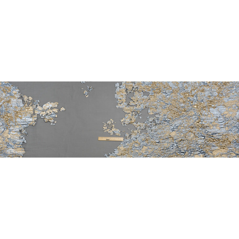 Metallic Burnout Luxury Brocade - Sky Blue, Gold and Black Abstract Crinkled Borders