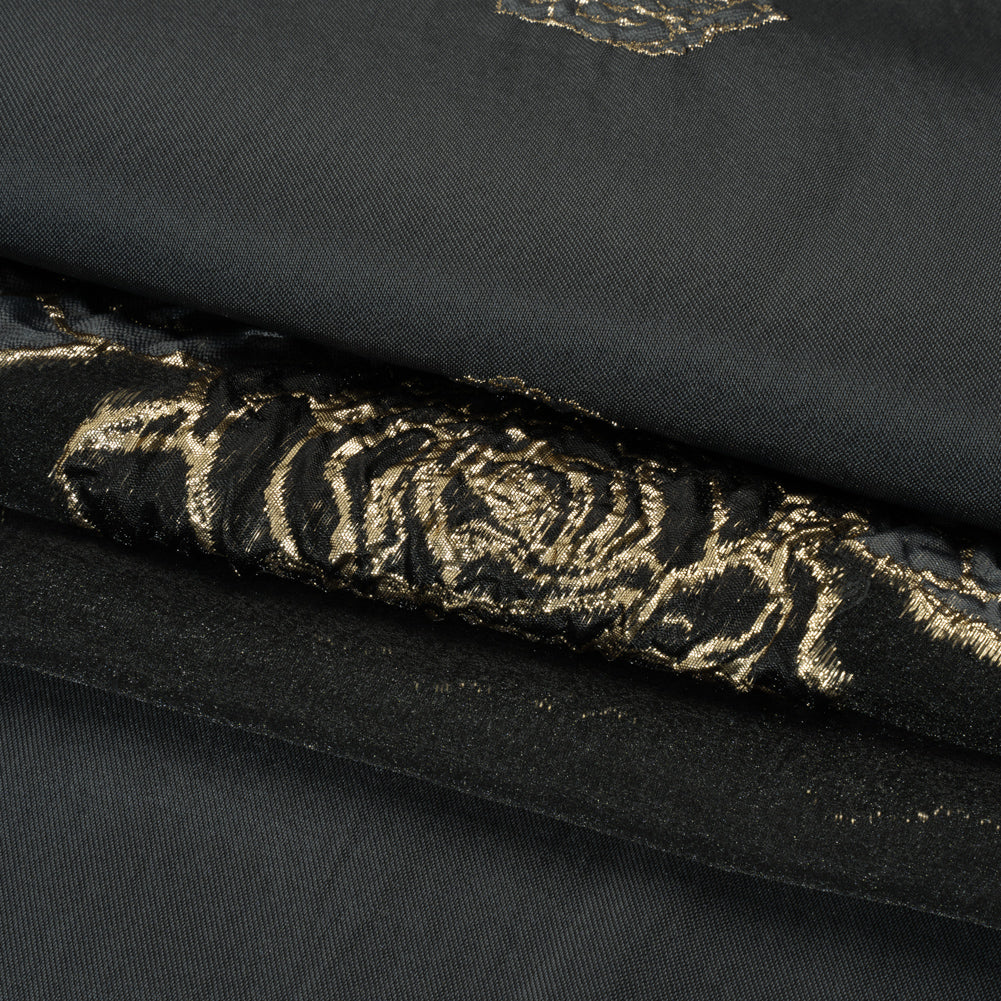 Metallic Burnout Luxury Brocade - Charcoal, Black and Gold Rose Border