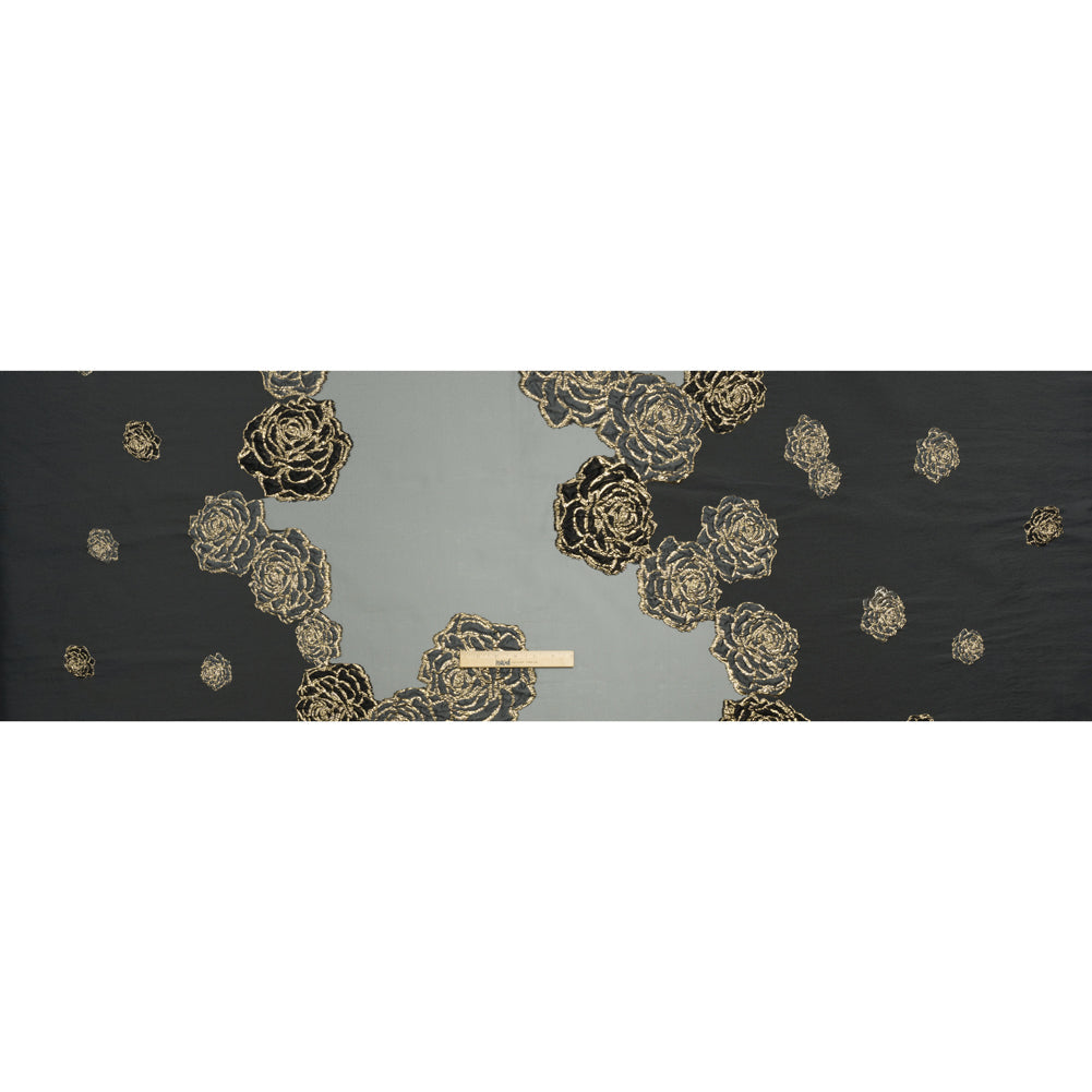 Metallic Burnout Luxury Brocade - Charcoal, Black and Gold Rose Border