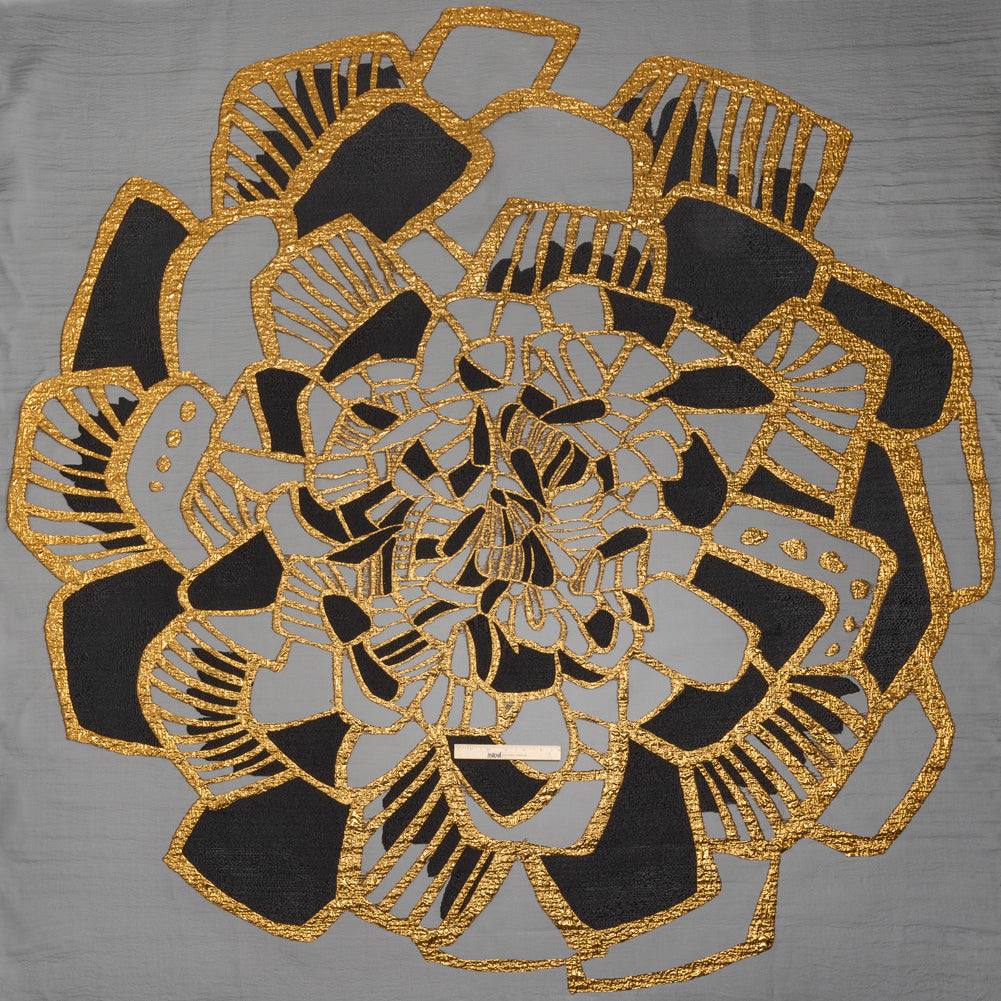 Metallic Luxury Burnout Brocade Panel - Black and Gold Floral Medallion