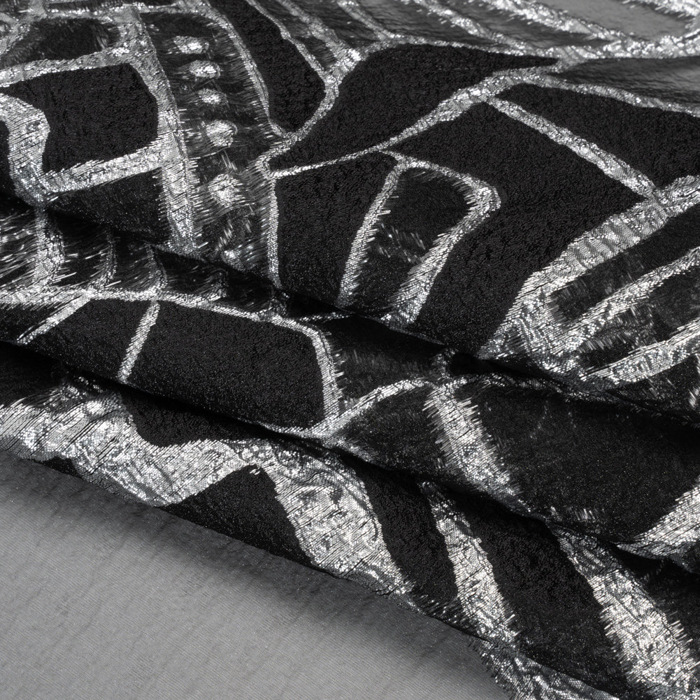 Metallic Luxury Burnout Brocade Panel - Black and Silver Floral Medallion