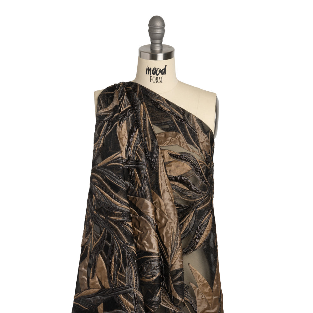 Metallic Luxury Burnout Brocade - Mole Brown and Black Magical Leaves