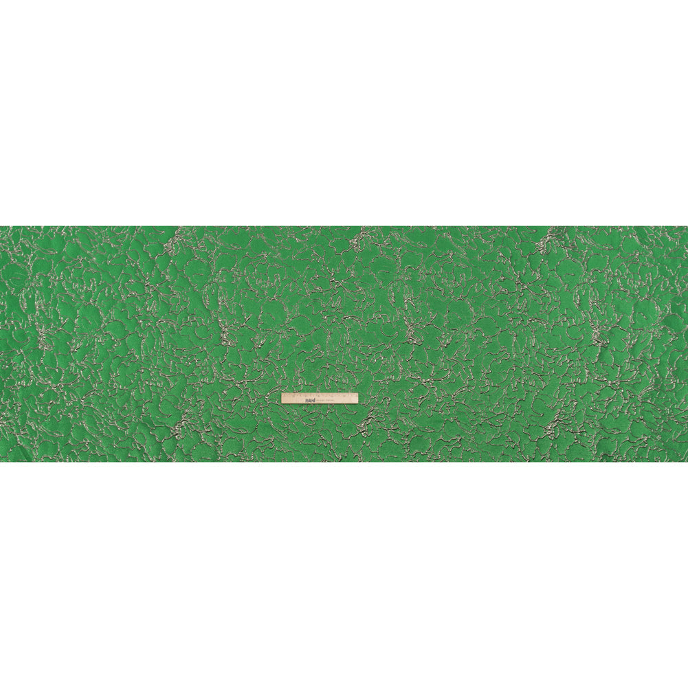 Metallic Luxury Brocade - Kelly Green and Silver Floral Outlines