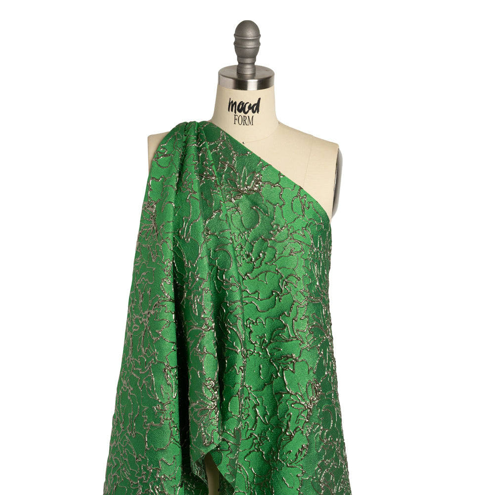 Metallic Luxury Brocade - Kelly Green and Silver Floral Outlines