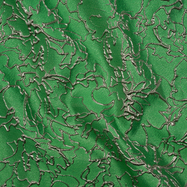 Metallic Luxury Brocade - Kelly Green and Silver Floral Outlines
