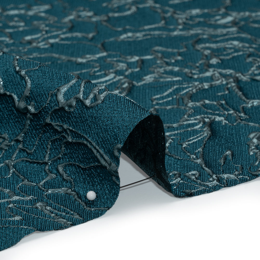 Metallic Luxury Brocade - Teal and Sky Blue Floral Outlines
