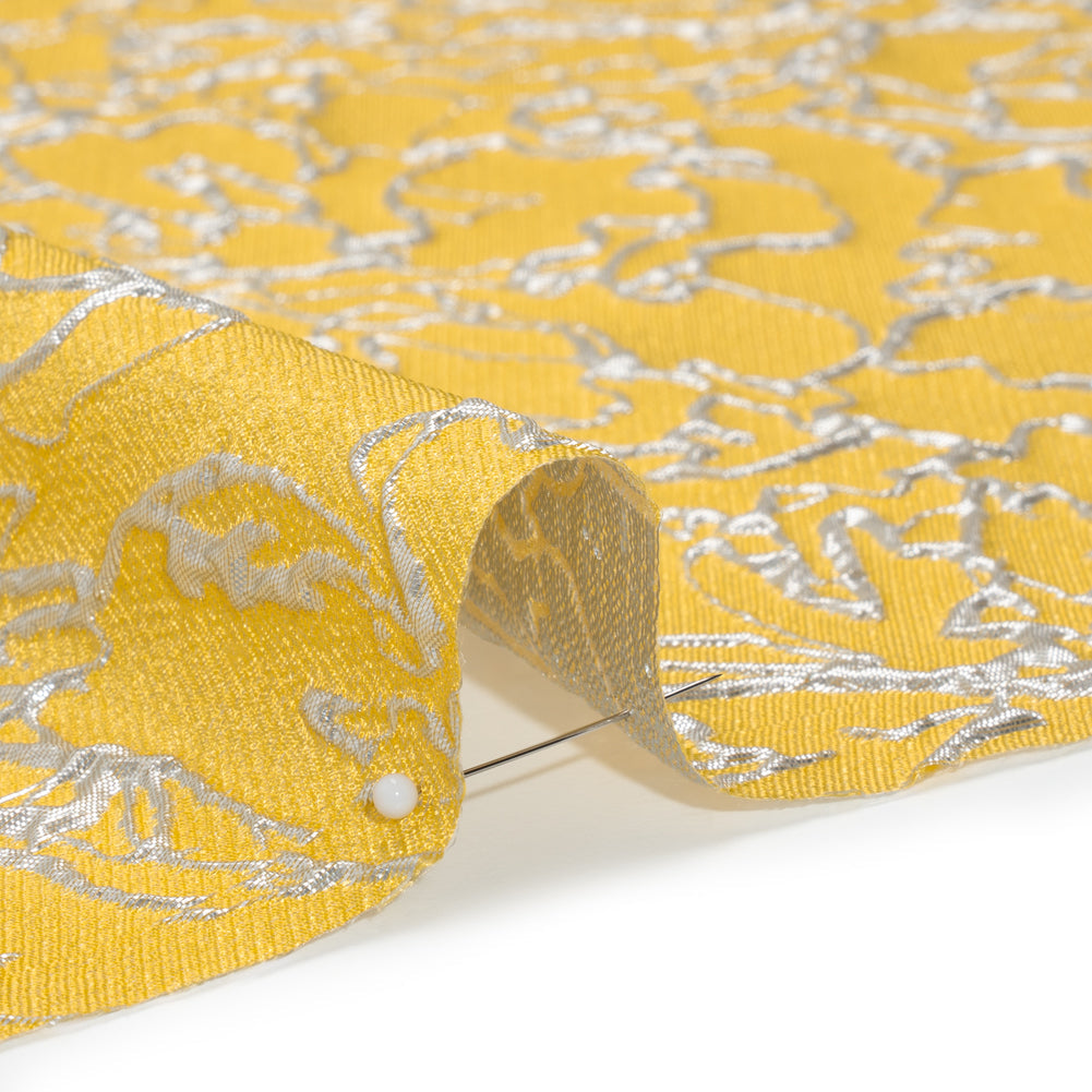 Metallic Luxury Brocade - Sunshine Yellow and Silver Floral Outlines