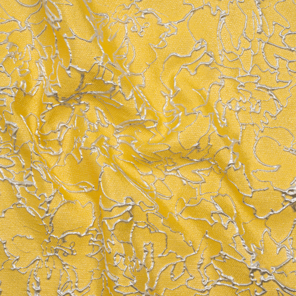 Metallic Luxury Brocade - Sunshine Yellow and Silver Floral Outlines