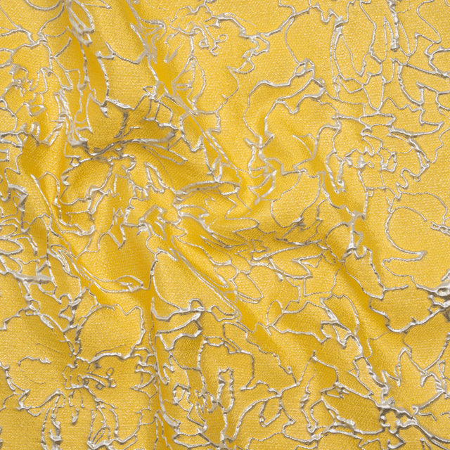 Metallic Luxury Brocade - Sunshine Yellow and Silver Floral Outlines
