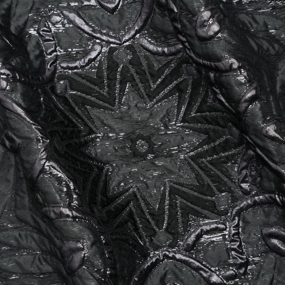 Metallic Luxury Brocade - Gray and Black Floral Medallions and Leaves