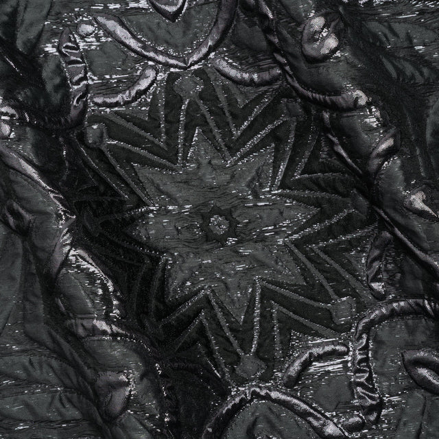 Metallic Luxury Brocade - Gray and Black Floral Medallions and Leaves