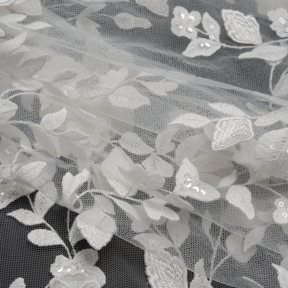 Embroidered 3D Lace with Clear Baby Sequins - White Floral Vines