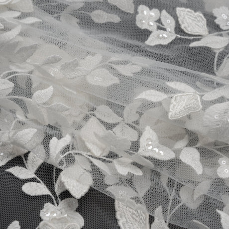 Embroidered 3D Lace with Clear Baby Sequins - White Floral Vines