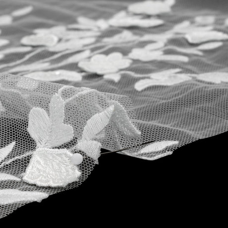 Embroidered 3D Lace with Clear Baby Sequins - White Floral Vines